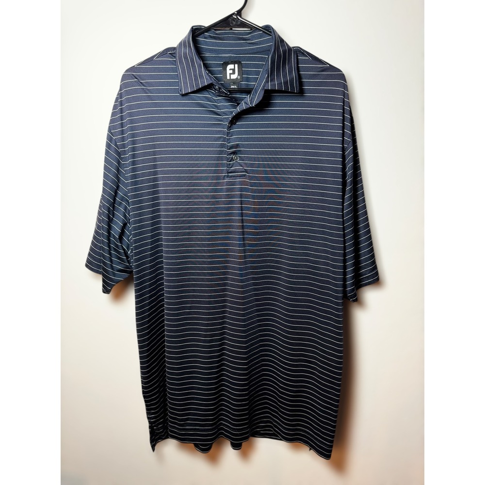 FJ FootJoy Mens Golf Polo‎ Shirt Navy White Stripe Short Sleeve Performance L